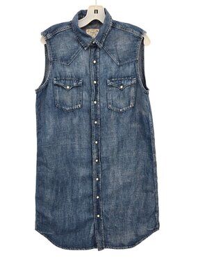 Polo Ralph Lauren Dungarees Denim Jean Shirt Dress 12 Snap Buttons Cotton Linen